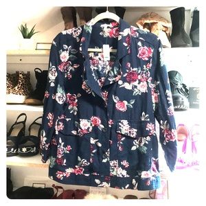 Maurices floral print button down top/open jacket.